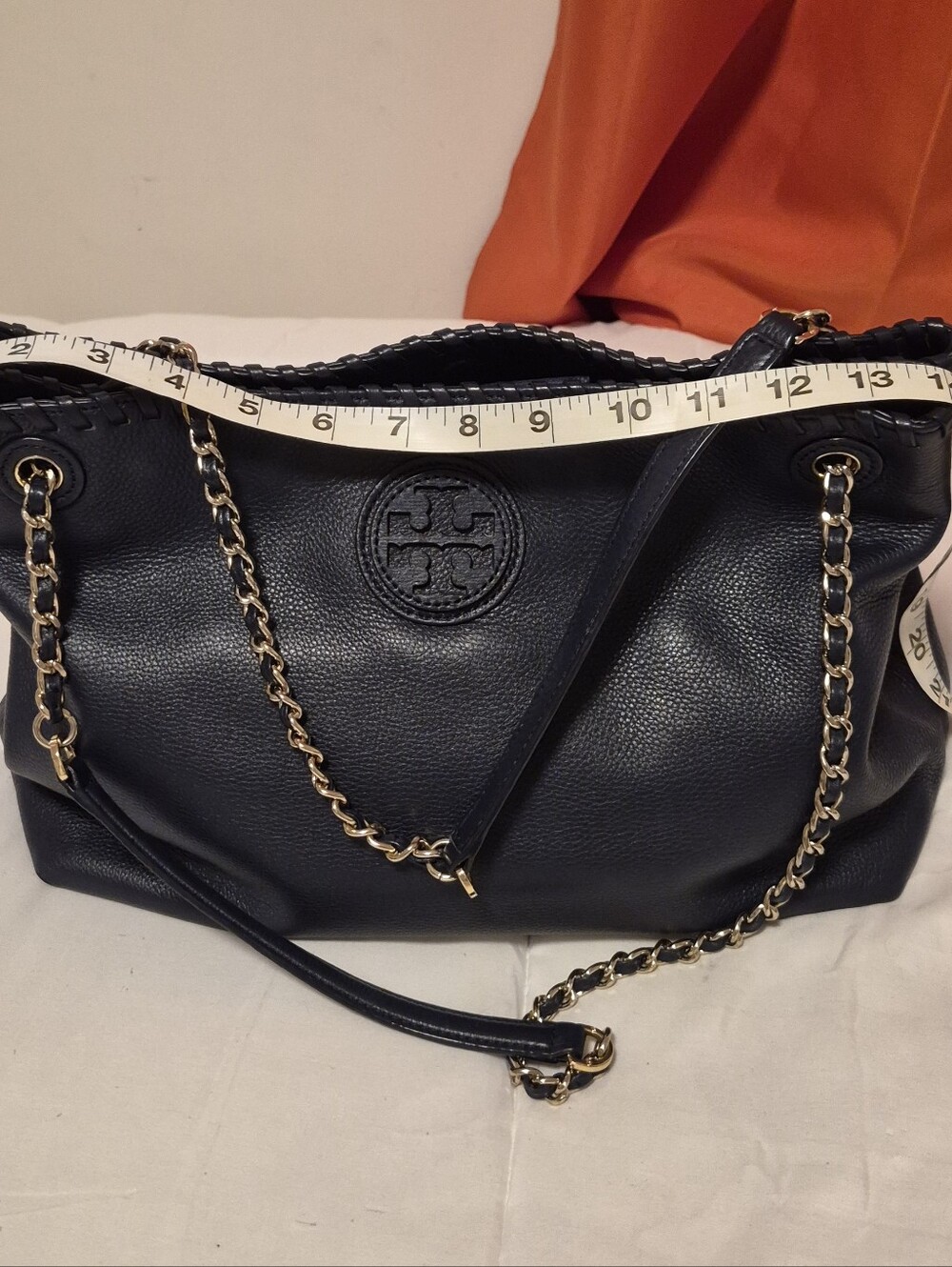 Tory Burch Nave Blue Pebbled Leather Shoulder Bag with Gold Chain Straps - Picture 14 of 15